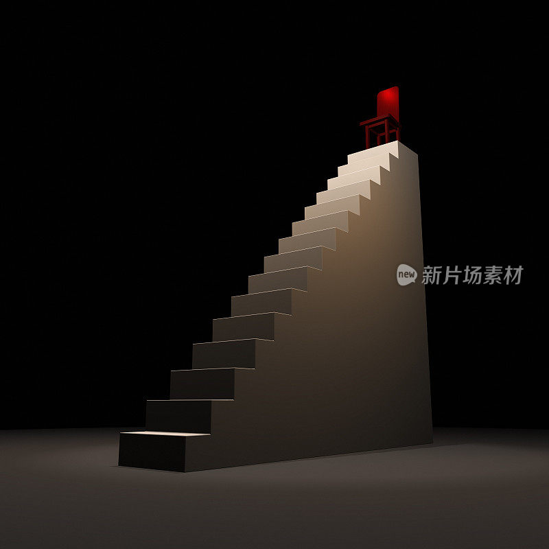 高耸的楼梯顶端的椅子。权威和权力。孤独和怀疑的抽象概念。黑暗的空间。3 d渲染。